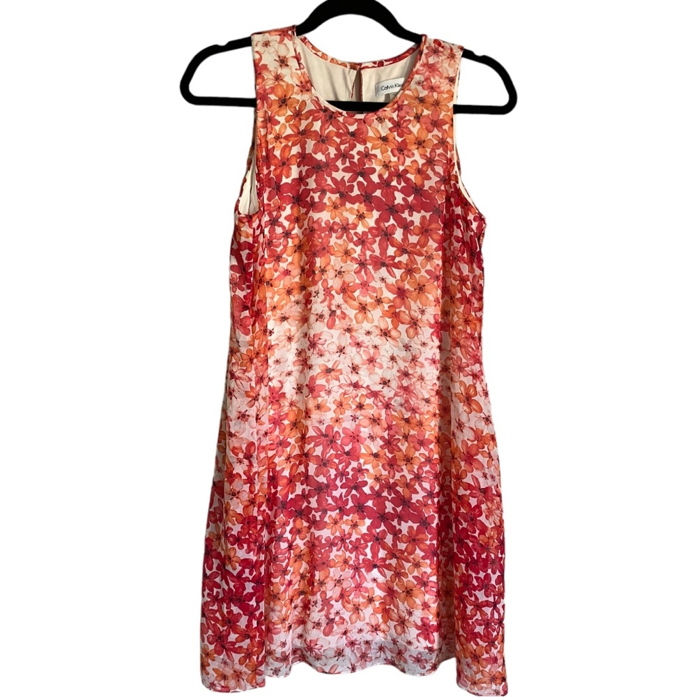 Calvin Klein Floral Sleeveless Shift Dress in Red and Orange